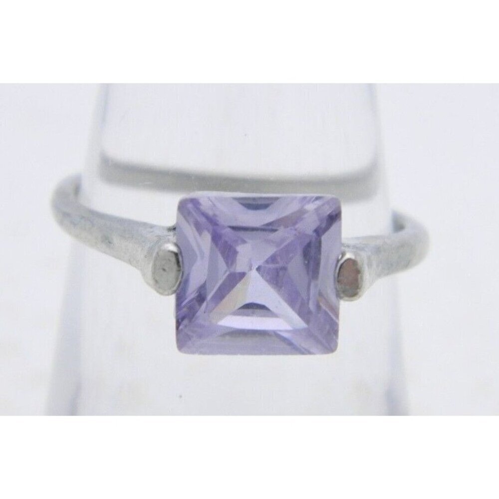 VTG Silver Tone Purple Faceted Cut Glass Rhinestone Princess Cut Ring Size 6.5